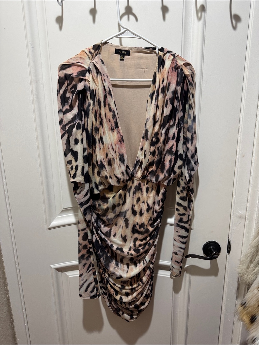 AFRM Leopard-Print Long-Sleeve Draped V-Neck Dress in Pink and Beige
